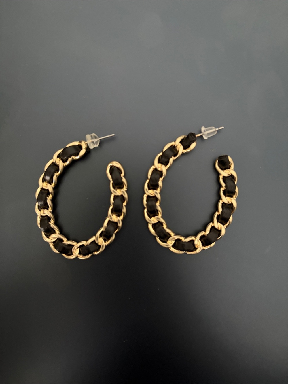 Gold and Black Chain-Detail Hoop Earrings - Women's Jewelry